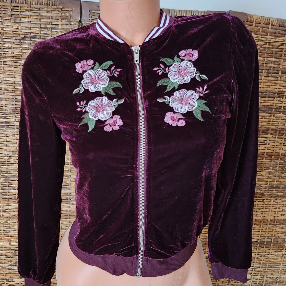 Embroidered Velvet Bomber Jacket - Purple
